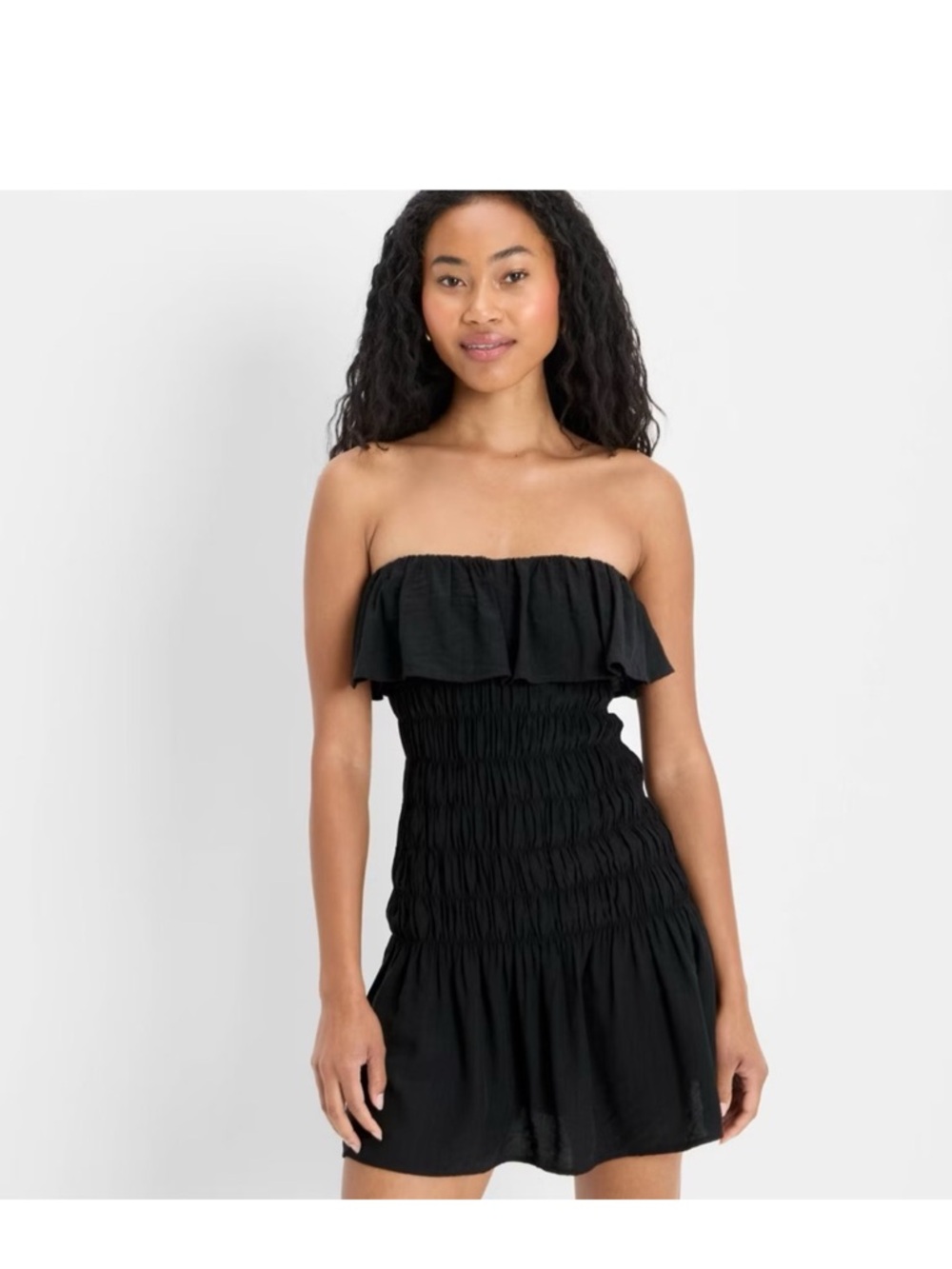 Strapless Black Smocked Ruffle Mini Dress - Picture 3 of 3